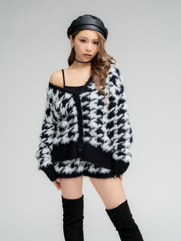 千鳥柄シャギーニットカーディガン